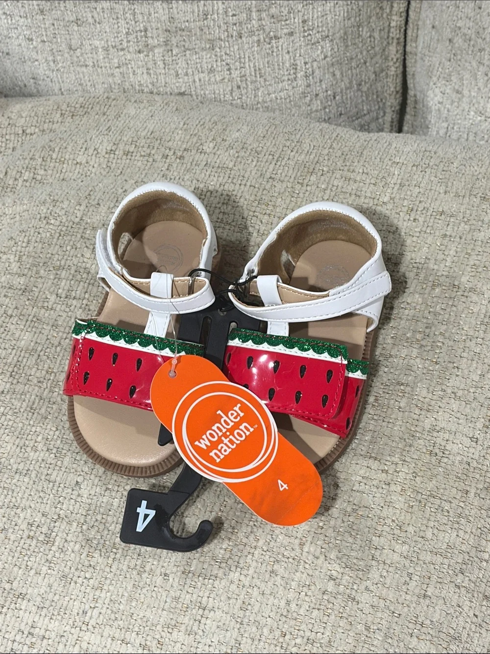 wonder nation White Sandals with Red Watermelon Strap and Green Glitter Trim